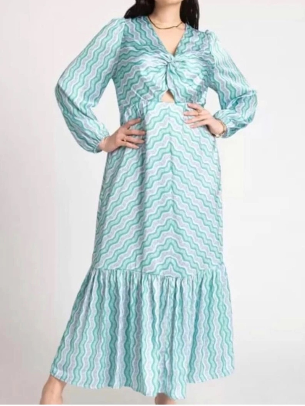 Eloquii Twisted Stripe Cutout Satin Puff Sleeve Maxi Dress Green Blue Coastal